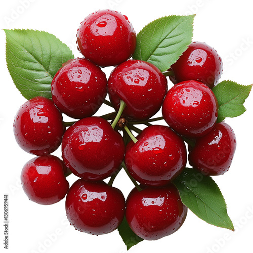 Bright Composition of Ripe Red Cherries With Leaves and Fresh Water Droplets