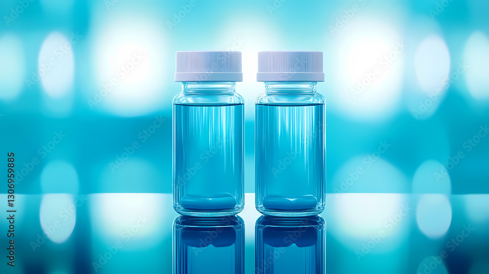 Blue Medicine Bottles with White Caps on Reflective Surface