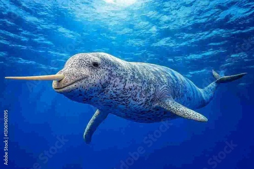 A narwhal gliding through the Arctic sea, its long spiral tusk cutting through the water