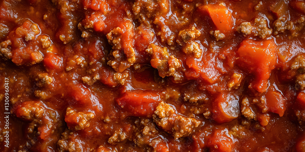 A thick, meaty Bolognese-style tomato sauce, rich with ground beef, macro shot, close-up texture, top view A thick, meaty Bolognese-style tomato sauce, rich with ground beef, macro shot, close-up texture, top view