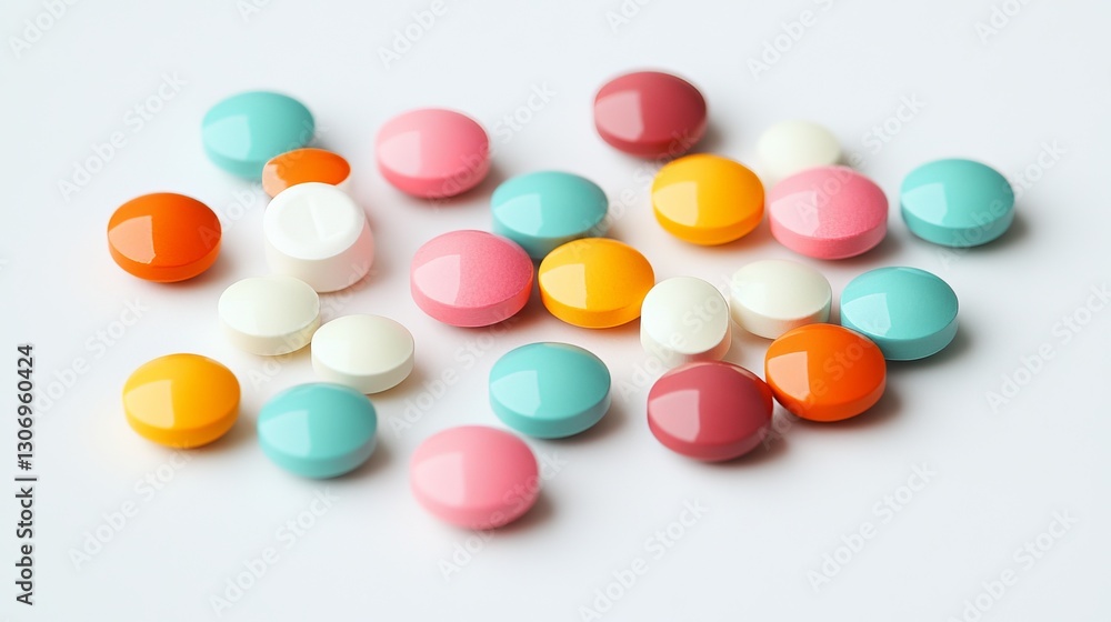 A group of pills in different colors scattered across a smooth white background, vibrant and fresh, ultra-detailed, 4k A group of pills in different colors scattered across a smooth white background, vibrant and fresh, ultra-detailed, 4k