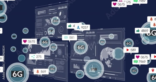 Wallpaper Mural Animation of digital interface displaying 5G and 6G notifications with global data Torontodigital.ca