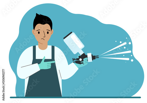 A man in a special suit holds a paint spray gun. Vector flat illustration