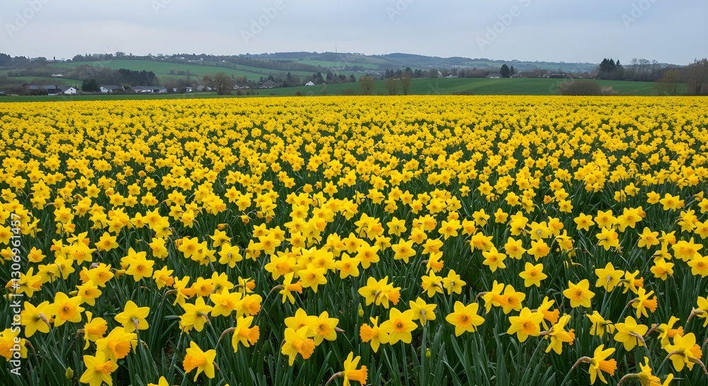Fototapeta premium Field of Yellow Daffodils Swaying in the Spring Breeze