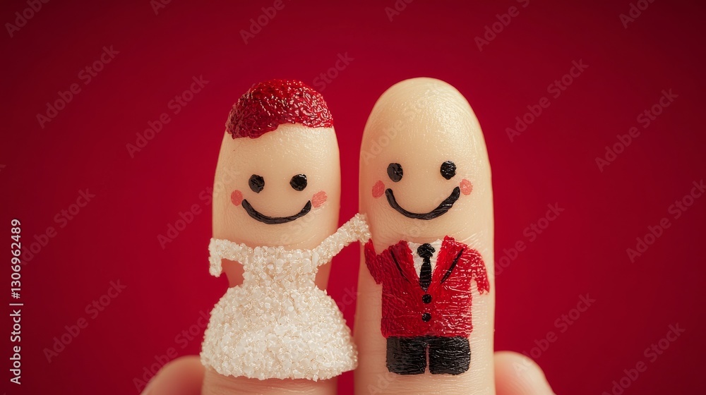 35.Fingers painted as a smiling bride and groom, complete with wedding attire details, standing out against a solid red background with a soft glow. 35.Fingers painted as a smiling bride and groom, complete with wedding attire details, standing out against a solid red background with a soft glow.