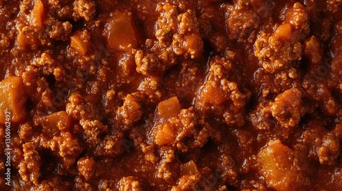 A thick, meaty Bolognese-style tomato sauce, rich with ground beef, macro shot, close-up texture, top view