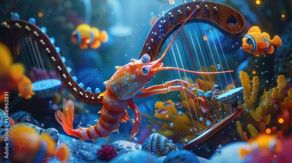 A Shrimp Playing Harp In An Underwater Aquatic Scene