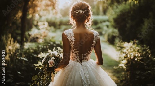 Wallpaper Mural 41.A bride viewed from behind, her delicate wedding gown and bouquet highlighted against a serene garden backdrop with soft focus and warm tones. Torontodigital.ca