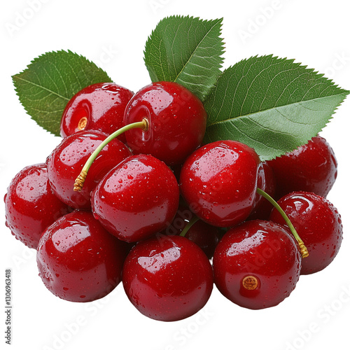 Bright Composition of Ripe Red Cherries With Leaves and Fresh Water Droplets