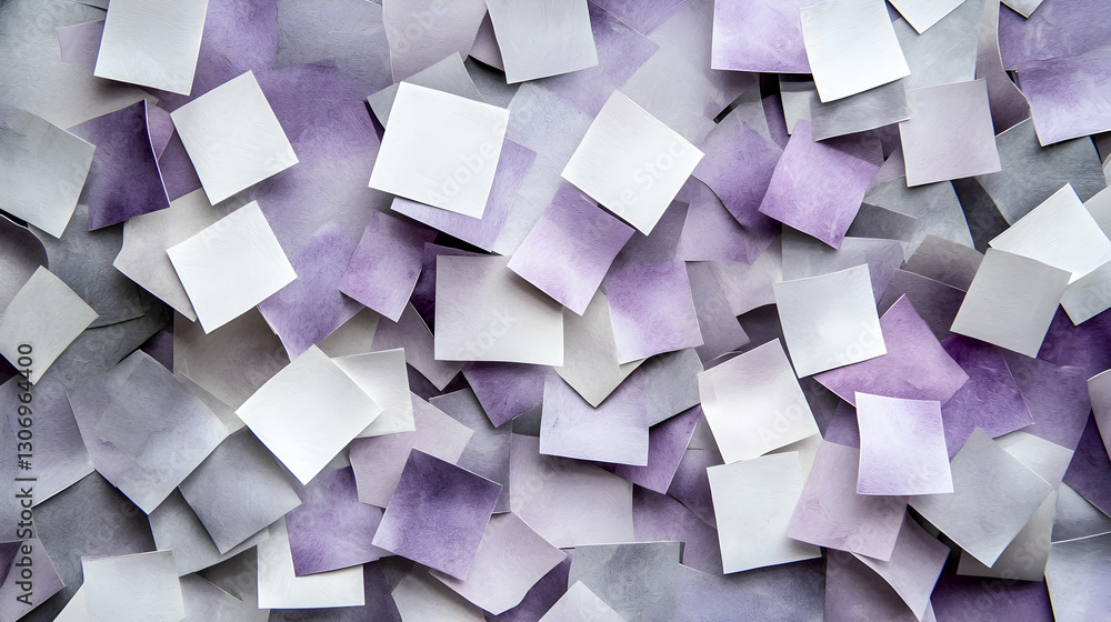 Fototapeta premium Purple and white sticky notes scattered on a surface, abstract background, ideal for note-taking or design