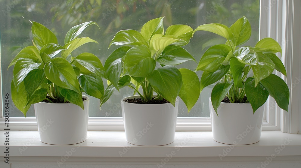 Obraz premium Lush Green Houseplants in Bright Pots on Windowsill with Natural Light