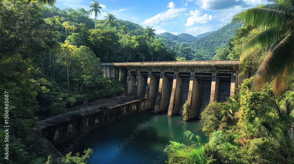 Serene Landscape of Dam Surrounded by Lush Tropical Forests and Mountains Serene Landscape of Dam Surrounded by Lush Tropical Forests and Mountains