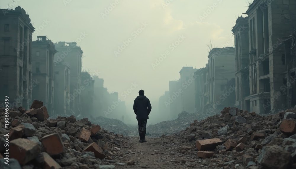 Silhouette of lonely man stands looking at city ruins with rubble. Concept of loneliness, stress, lack of meaning in life, desolation. Apocalyptic, abandoned place. Destruction, despair, isolation. Silhouette of lonely man stands looking at city ruins with rubble. Concept of loneliness, stress, lack of meaning in life, desolation. Apocalyptic, abandoned place. Destruction, despair, isolation.
