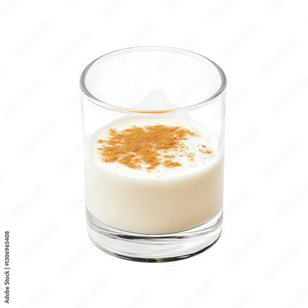 a clear glass filled with creamy liquid. topped with a sprinkle of brown powder. likely cinnamon or nutmeg. creating an appealing visual contrast this drink could be enjoyed as a dessert or a comforti a clear glass filled with creamy liquid. topped with a sprinkle of brown powder. likely cinnamon or nutmeg. creating an appealing visual contrast this drink could be enjoyed as a dessert or a comforti