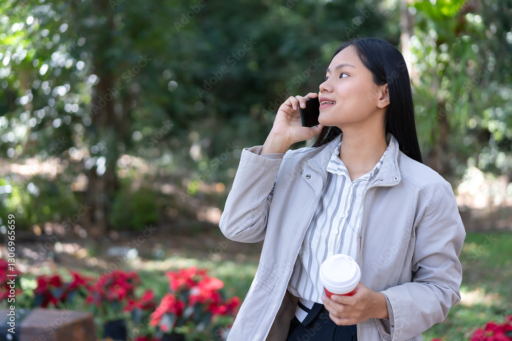 Peaceful Asian woman with a Healthy, good life, sitting on a chair, using smartphone and holding a hot coffee cup in hand Enjoy coffee at leisure. While sitting in a garden filled with rich nature. Peaceful Asian woman with a Healthy, good life, sitting on a chair, using smartphone and holding a hot coffee cup in hand Enjoy coffee at leisure. While sitting in a garden filled with rich nature.