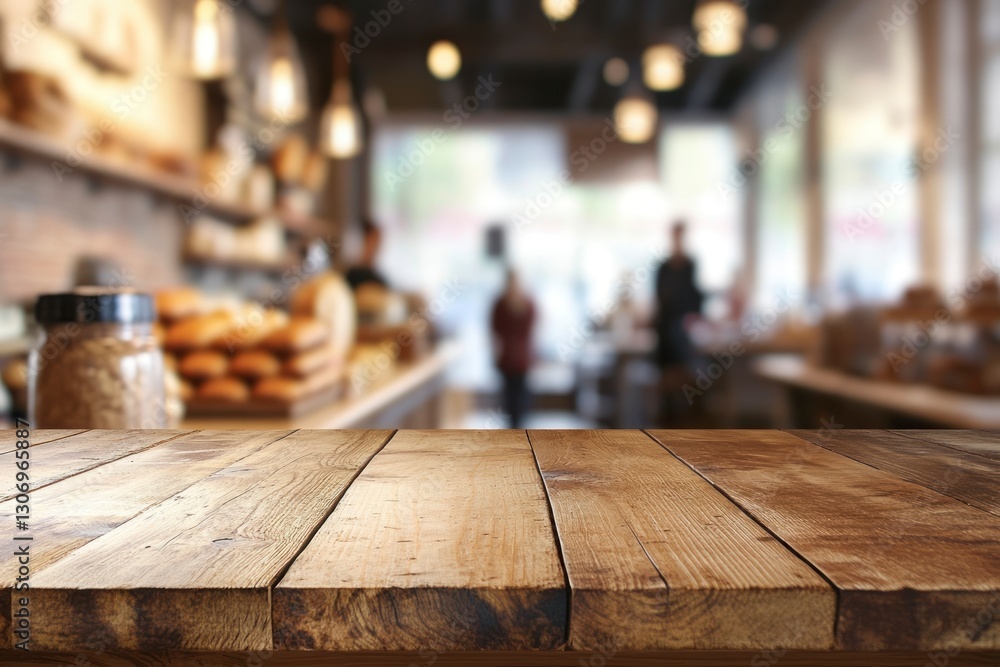 Empty Rustic Wooden Tabletop with Blurred Bakery Cafe Background Scene Empty Rustic Wooden Tabletop with Blurred Bakery Cafe Background Scene