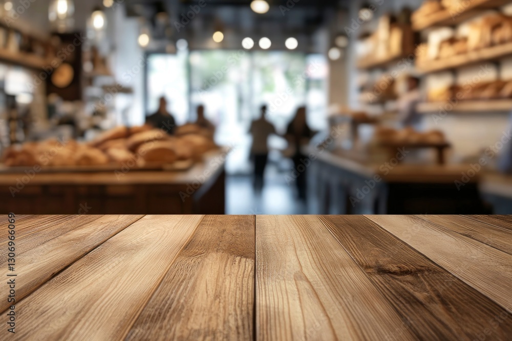 Wooden Table Surface with Blurred Bakery Shop Background for Product Display Wooden Table Surface with Blurred Bakery Shop Background for Product Display