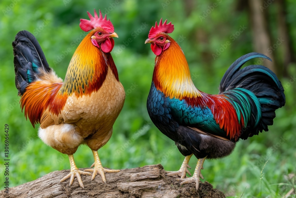 Fototapeta premium A rooster and hen standing together in a rustic farmyard, their feathers vibrant in the sunlight