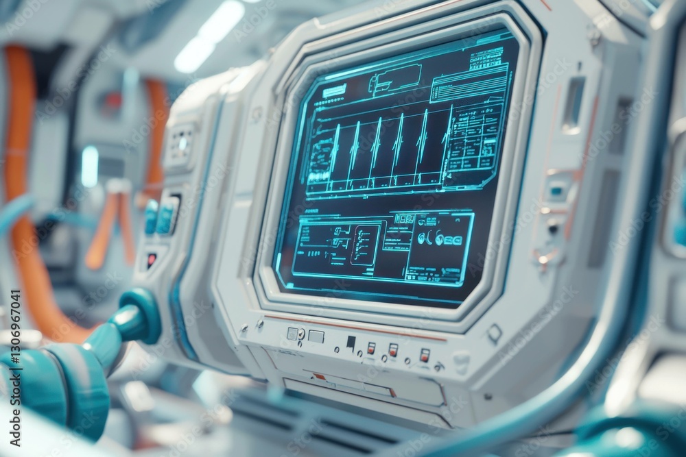 Futuristic medical monitor displaying vital signs in a sci fi environment, highlighting advanced technology and digital interfaces in a sleek design Futuristic medical monitor displaying vital signs in a sci fi environment, highlighting advanced technology and digital interfaces in a sleek design
