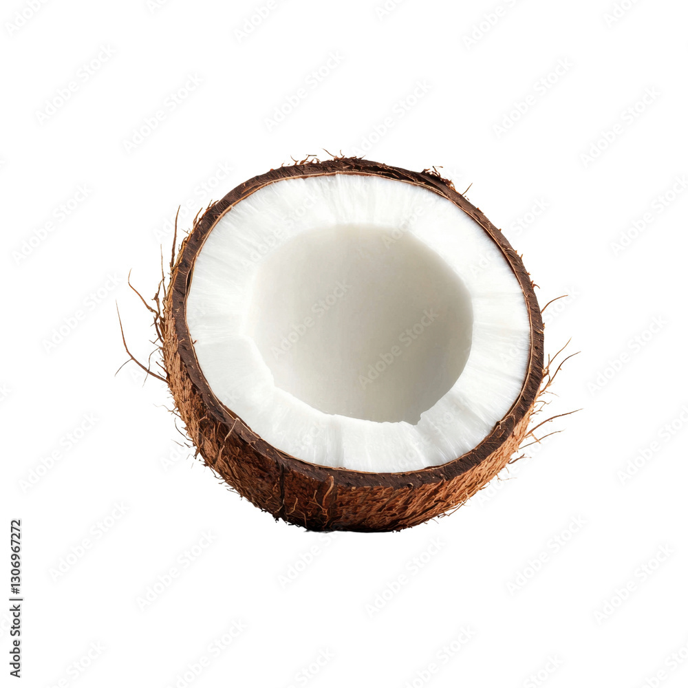 Fresh Coconut Halved with White Flesh Exposed, Showcasing Natural Texture and Detail, Ideal for Culinary, Health, and Tropical Themes Fresh Coconut Halved with White Flesh Exposed, Showcasing Natural Texture and Detail, Ideal for Culinary, Health, and Tropical Themes
