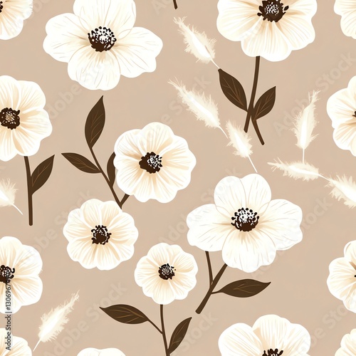 Wallpaper Mural Elegant Seamless Floral Pattern: Cream Blooms and Brown Stems on Beige Background Torontodigital.ca