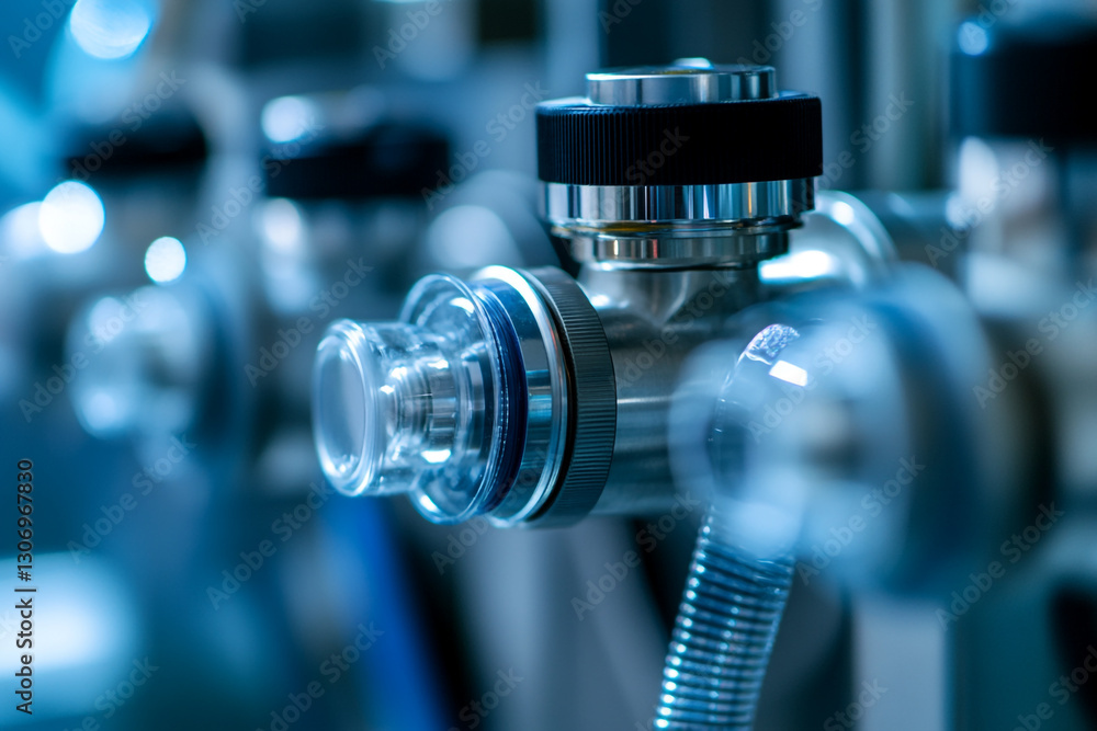 Fototapeta premium Closeup detailed view of industrial metal valves and pipes blue tube steel parts shiny chrome system