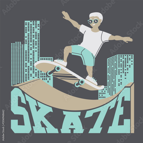 Man skatboarding on ramp on city background. Vector illustration.