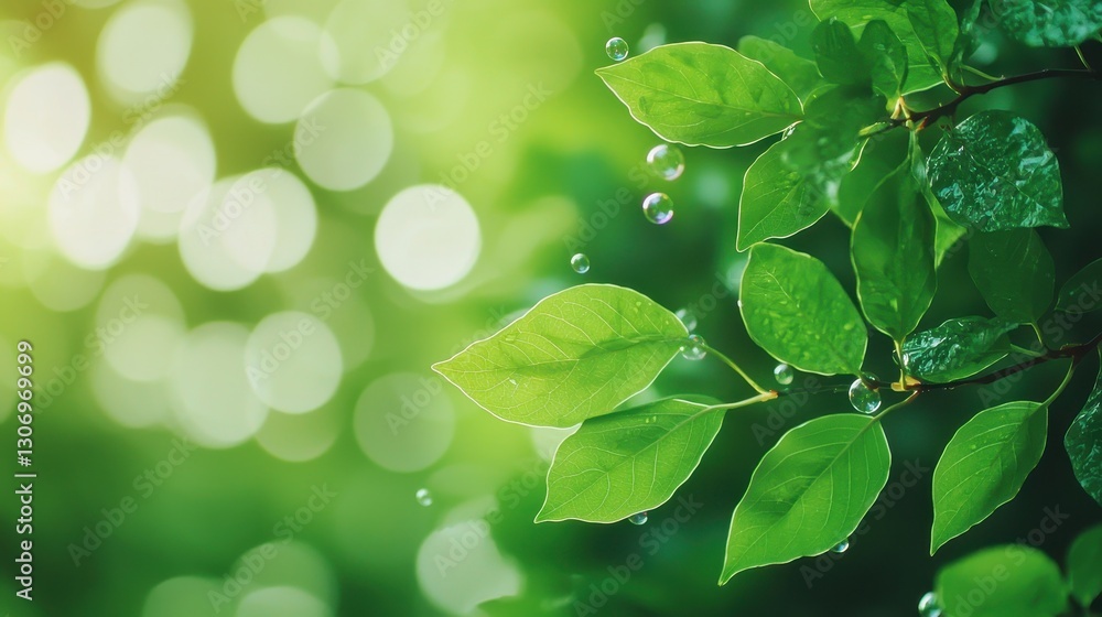 Fresh Green Leaves with Water Droplets and Soft Bokeh Background in Nature Environment Fresh Green Leaves with Water Droplets and Soft Bokeh Background in Nature Environment