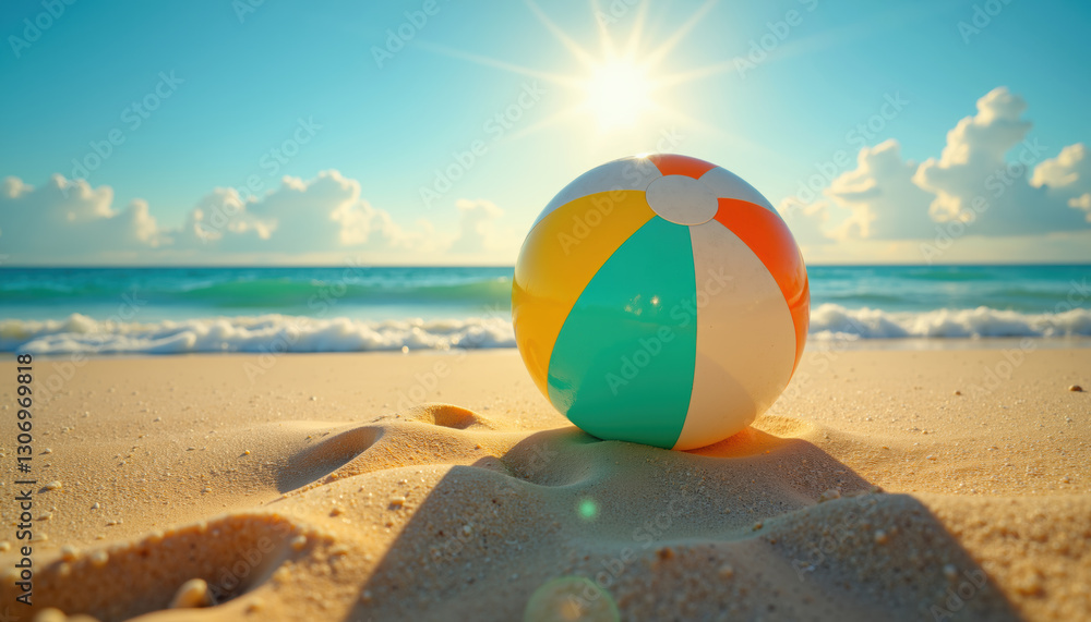 Obraz premium A colorful beach ball sits on golden sand under a bright sun with waves gently rolling in the background.