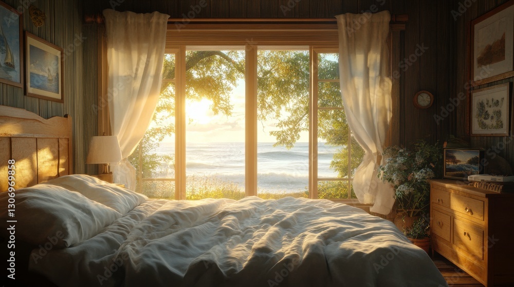 Fototapeta premium A serene bedroom with a cozy bed, large windows showcasing a beautiful sunset over the sea, creating a tranquil and inviting atmosphere.