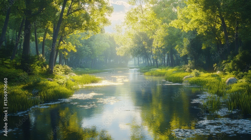 A serene river winds through a lush green forest, reflecting the vibrant foliage and soft light of a peaceful morning. A serene river winds through a lush green forest, reflecting the vibrant foliage and soft light of a peaceful morning.