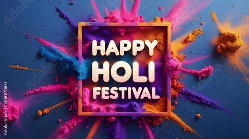 Wallpaper Mural Colorful Holi celebration background with text "Happy Holi festival" on a square frame. Powder color splash in multicolor decoration for the Hindu traditional holiday card, greeting poster, or banner. Torontodigital.ca