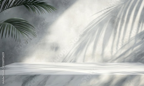 Marble Product Display Platform with Palm Leaf Shadow Backdrop