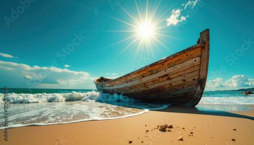 A weathered wooden boat rests on the sandy shore as waves gently lap against it under a bright, sunny sky.