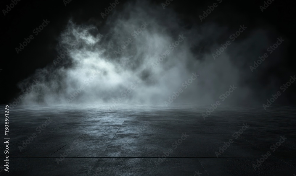 Mysterious Fog Filling Dark Room with Concrete Floor Reflecting Light Mysterious Fog Filling Dark Room with Concrete Floor Reflecting Light