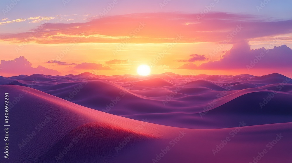 A serene sunset paints the sky in vibrant hues over undulating sand dunes, creating a tranquil and breathtaking desert landscape. A serene sunset paints the sky in vibrant hues over undulating sand dunes, creating a tranquil and breathtaking desert landscape.