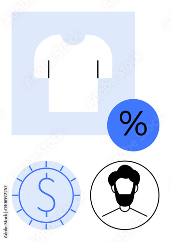 White shirt icon with percentage symbol, pricing badge, and male avatar. Ideal for retail, ecommerce, fashion industry, online shopping, discounts customer profiles business strategies. Flat simple