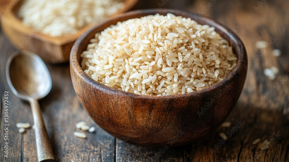 A rustic wooden bowl filled with dry brown short-grain rice, with a spoon resting beside it on a wooden surface. A rustic wooden bowl filled with dry brown short-grain rice, with a spoon resting beside it on a wooden surface.
