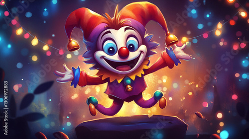 Cartoon jester with smile and colorful hat with bells.