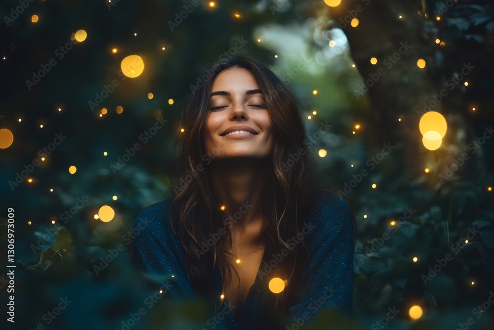 Enchanted Forest Smile: A woman radiates joy amidst a magical setting of flickering lights in a forest, creating a dreamlike atmosphere of tranquility and wonder. Her smile is infectious. Enchanted Forest Smile: A woman radiates joy amidst a magical setting of flickering lights in a forest, creating a dreamlike atmosphere of tranquility and wonder. Her smile is infectious.