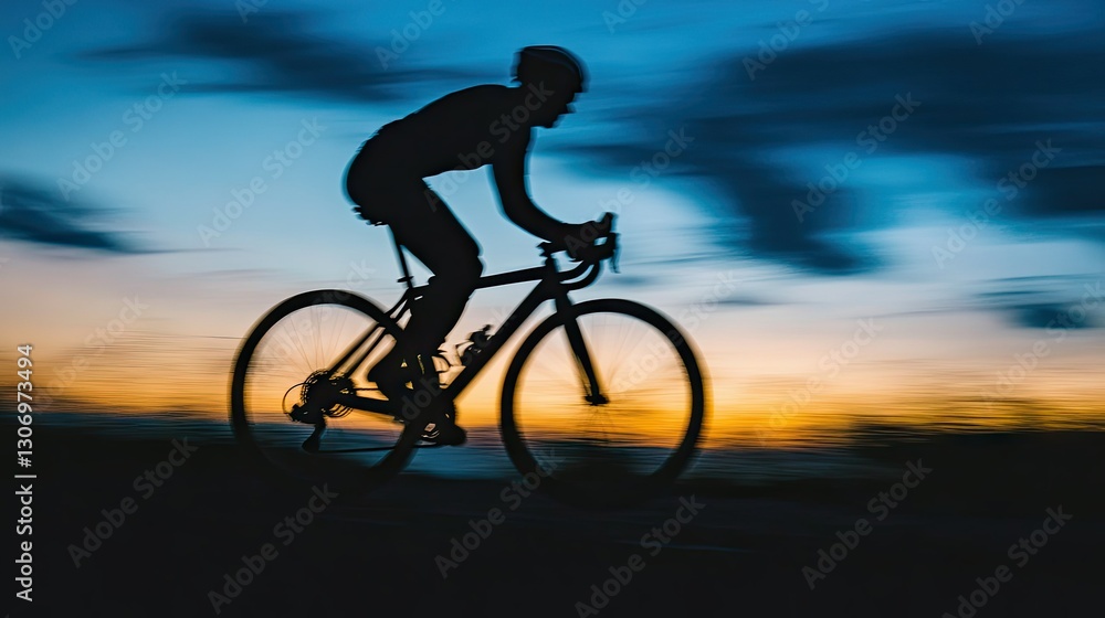 Obraz premium A silhouette of a cyclist on a gravel bike at dusk, with motion blur enhancing the scene.