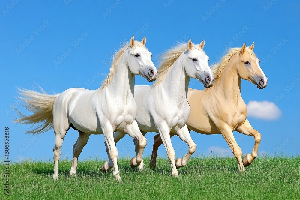 A wild horse galloping freely through an open field, its mane flowing in the breeze A wild horse galloping freely through an open field, its mane flowing in the breeze
