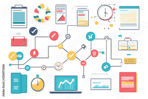 Business workflow process infographic with icons, Flat style cartoon vector illustration