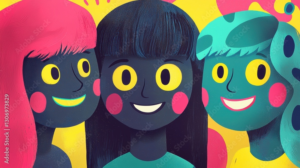 Fototapeta premium Colorful Illustration of Three Diverse Friends with Unique Hairstyles