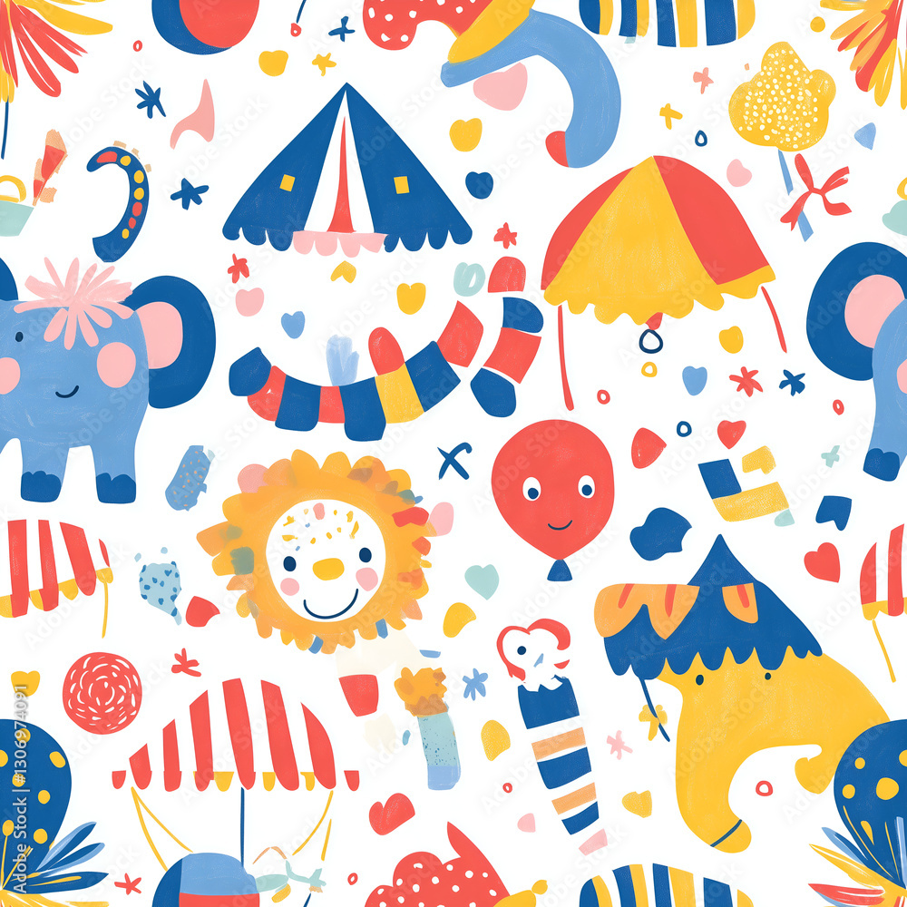 Obraz premium Vibrant hand-drawn circus pattern with playful animals Repeating Pattern Tile Repeating Pattern Tile