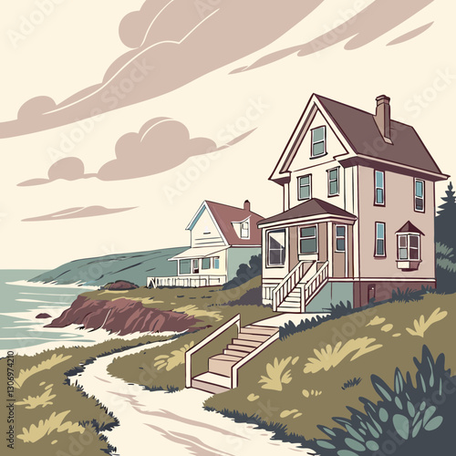 Oil painting on canvas showcasing beautiful seaside houses with a serene and scenic coastal view, perfect for art lovers and interior décor.