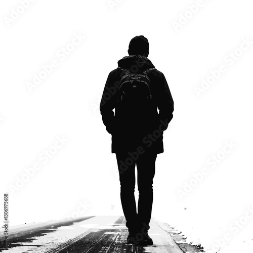 Solitary silhouette walking on snowy street, introspective journey