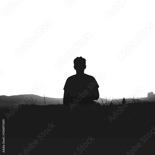 Solitary silhouette gazing at the dawn sky, reflection and hope