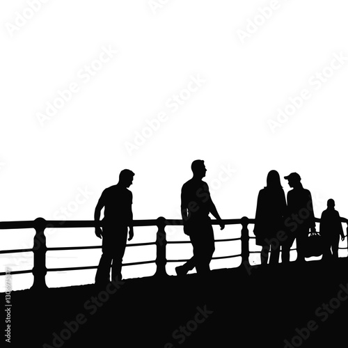 Silhouettes strolling along seaside promenade at dusk, serene escape