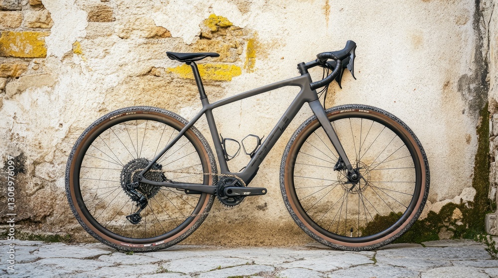 A stylish gravel bike with a carbon fiber frame leaning against a stone wall. A stylish gravel bike with a carbon fiber frame leaning against a stone wall.